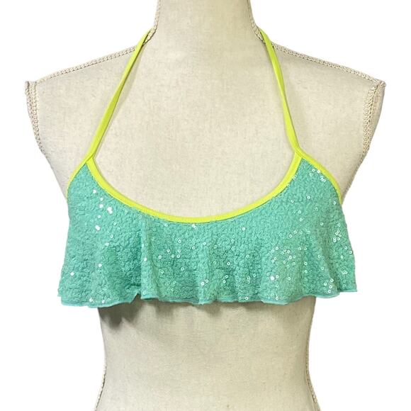 Victoria's Secret Aqua Green Sequin Halter Bikini Top SZ Small Swimwear Beach - Picture 2 of 10